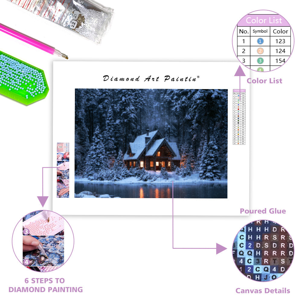 Snow night cabin - Diamond Painting