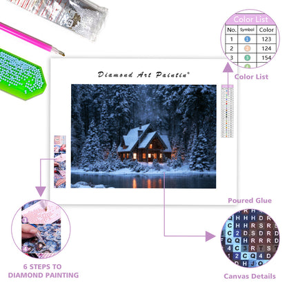 Snow night cabin - Diamond Painting