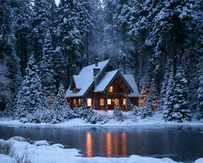 Snow night cabin - Diamond Painting