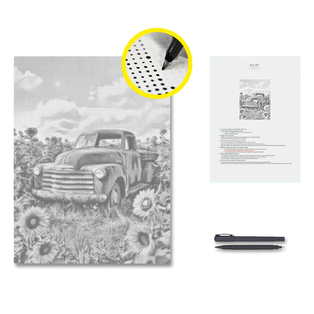 Vintage Truck Surrounded by Sunflowers - Dot Painting