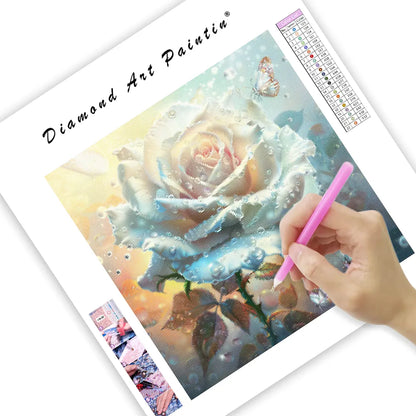 Crystal White Rose and Butterflies - Diamond Painting
