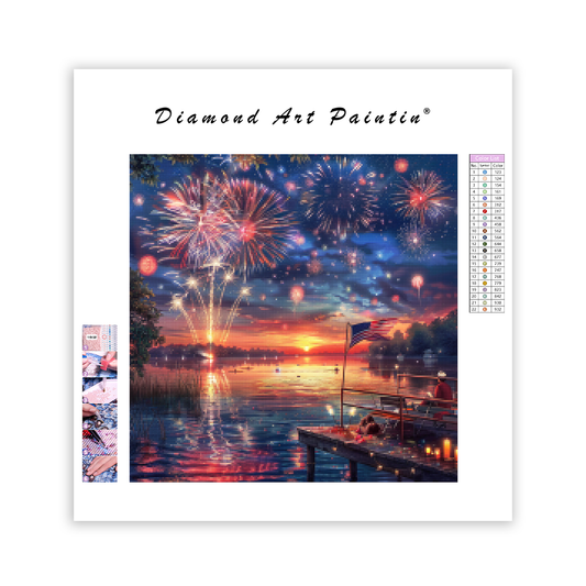 4th of July Fireworks Over Lake - Diamond Painting