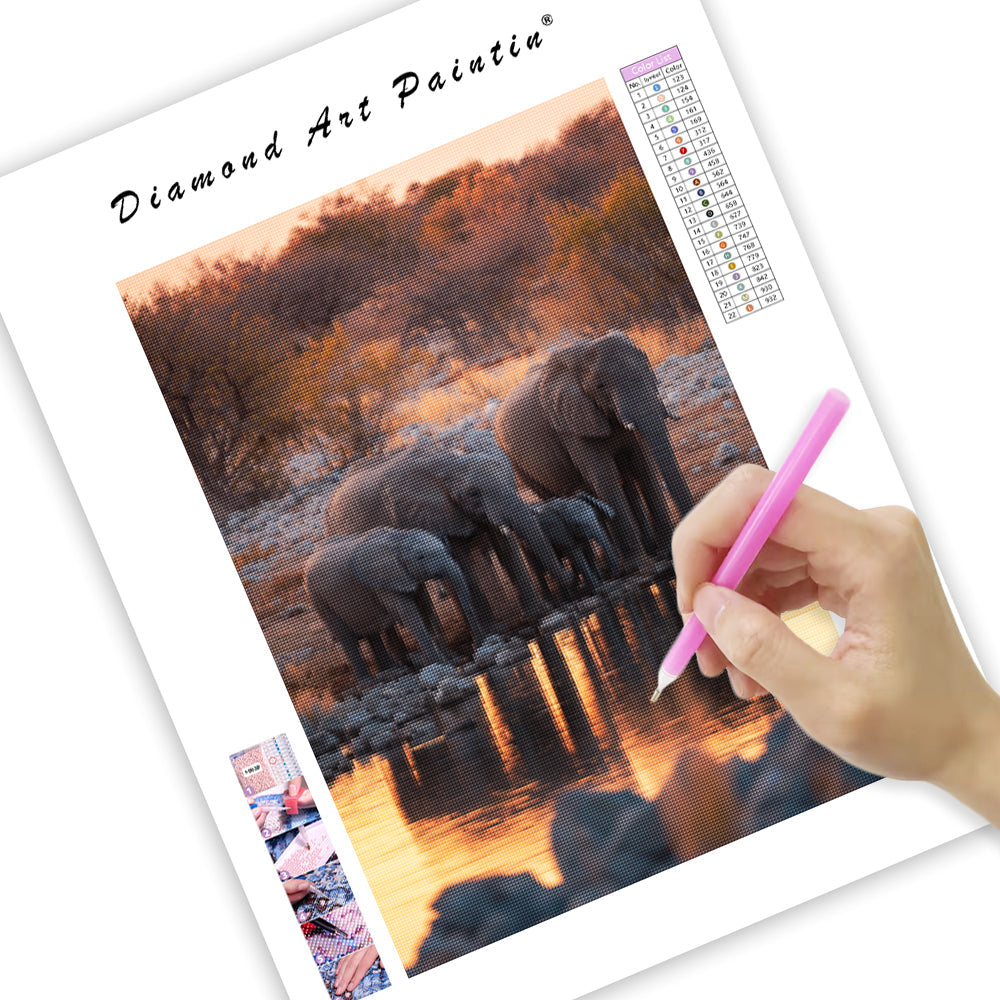 Elephant Family at the Waterhole - Diamond Painting