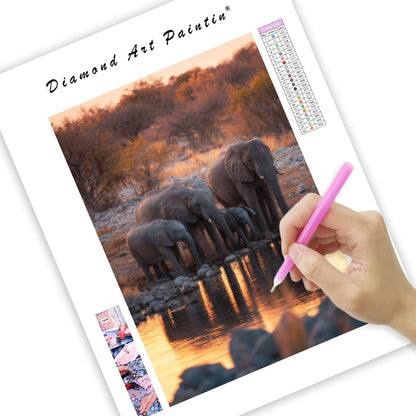 Elephant Family at the Waterhole - Diamond Painting