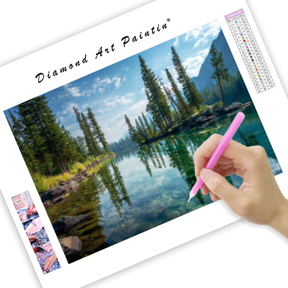 Pine Trees by Lake - Diamond Painting