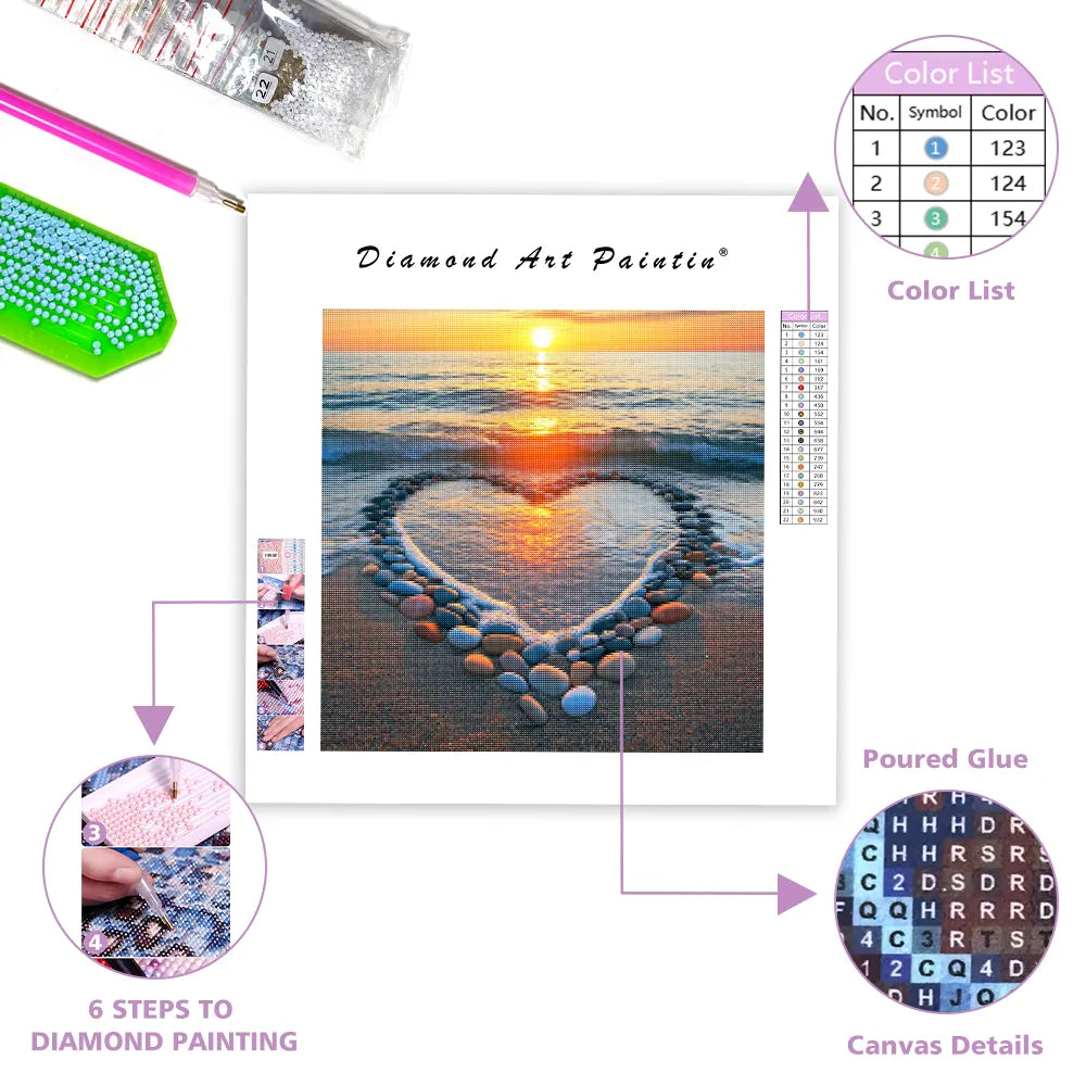 Heart-Shaped Beach Sunset - Diamond Painting