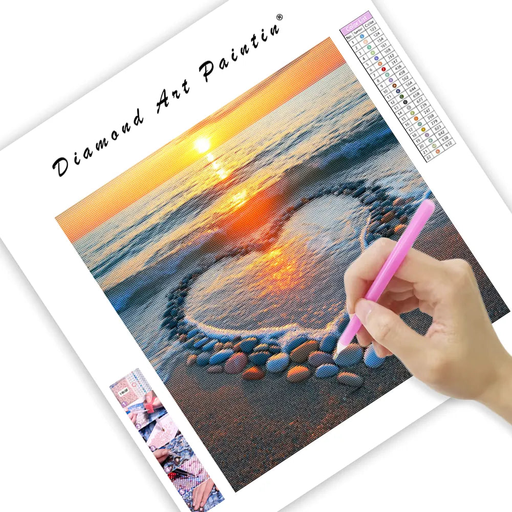 Heart-Shaped Beach Sunset - Diamond Painting
