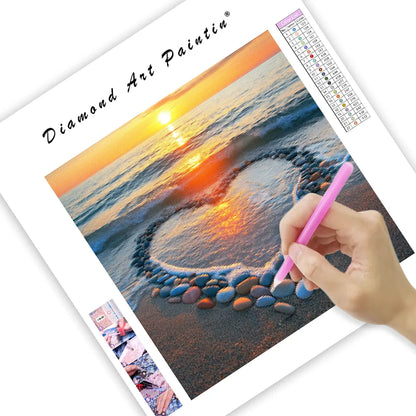 Heart-Shaped Beach Sunset - Diamond Painting