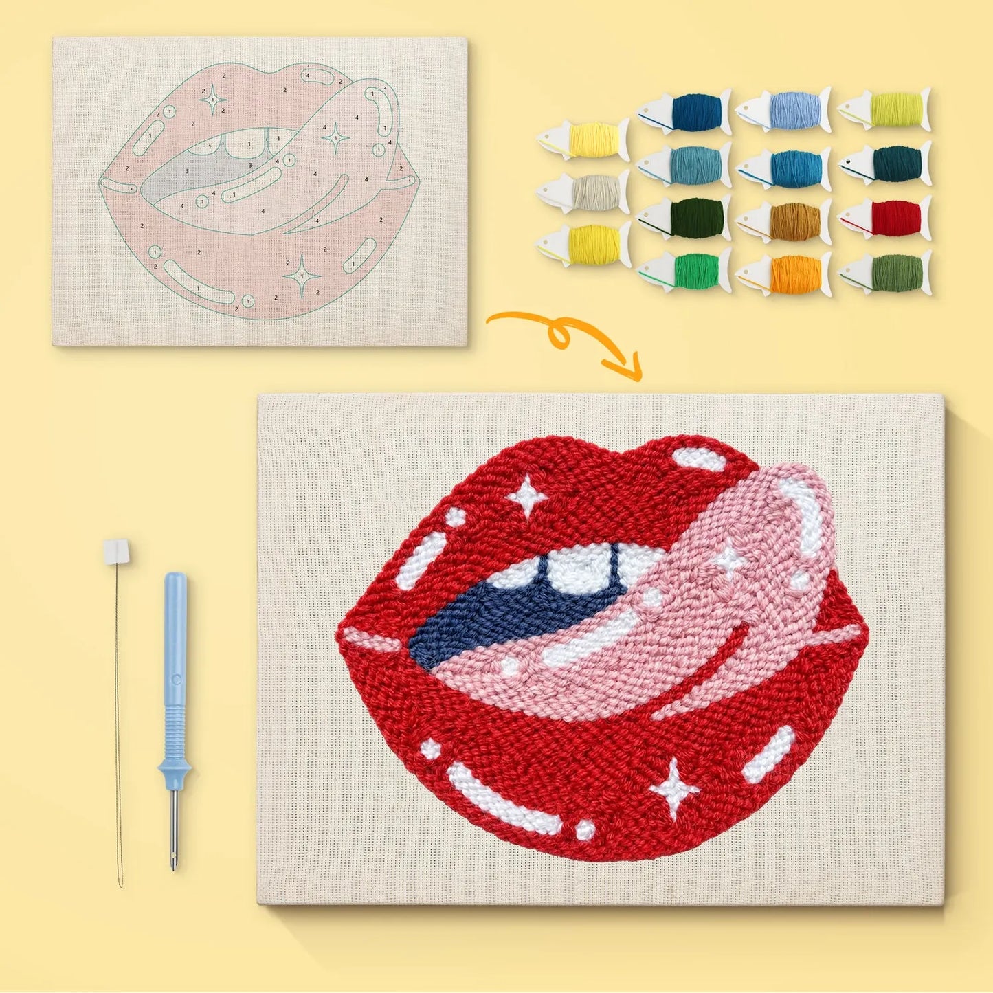 Red Lips with Pink Tongue - Punch Needle