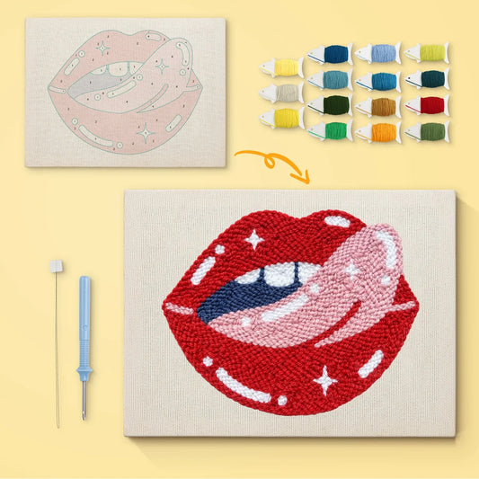 Red Lips with Pink Tongue - Punch Needle