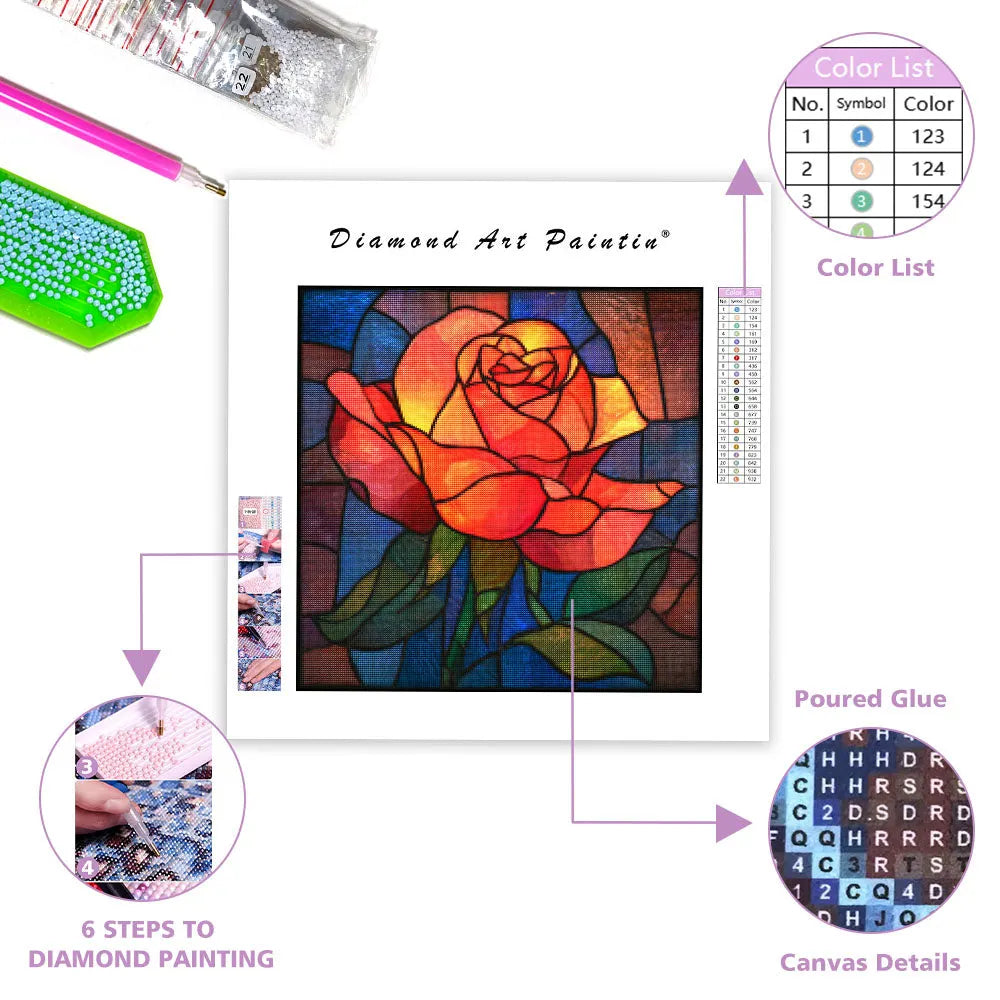 Rose in Stained Glass Window - Diamond Painting