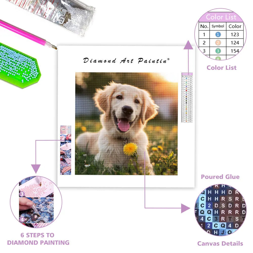 Golden Retriever with Dandelion - Diamond Painting