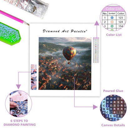 Balloon Over European Town - Diamond Painting