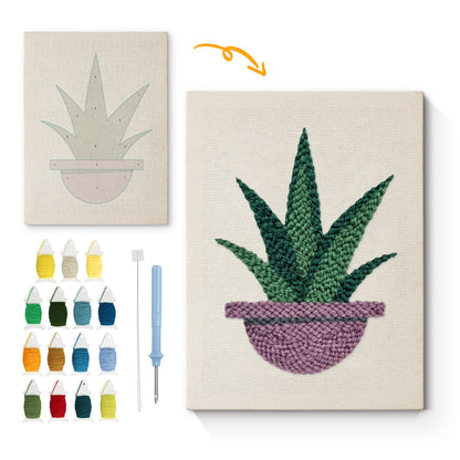 Green Plant in Purple Pot - Punch Needle