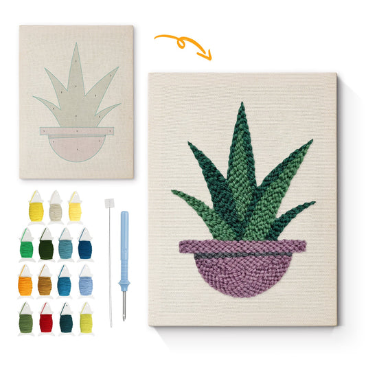 Green Plant in Purple Pot - Punch Needle