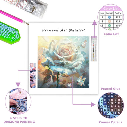 Crystal White Rose and Butterflies - Diamond Painting
