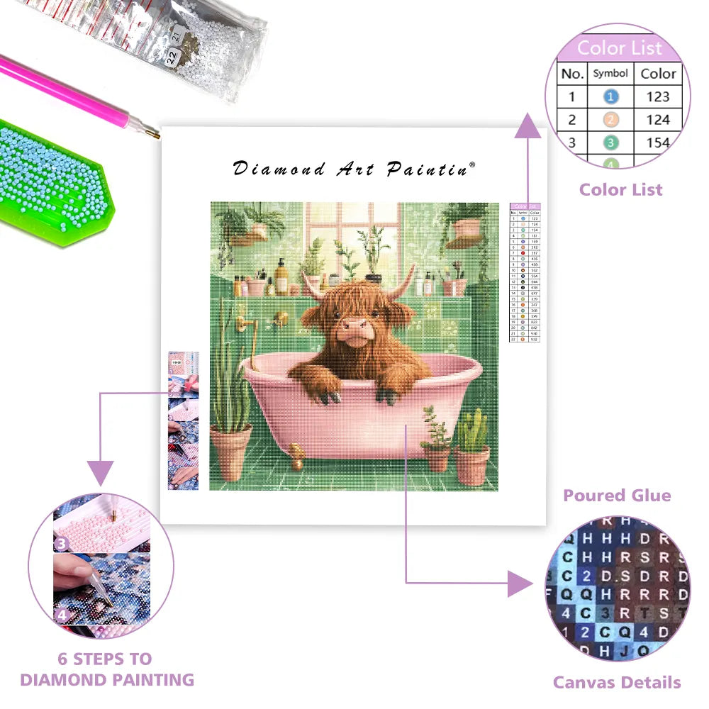 Highland Cow in a Cozy Bathroom - Diamond Painting