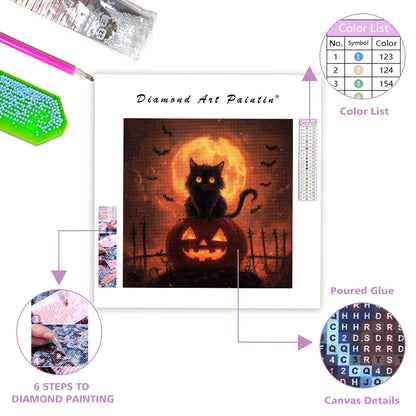 Halloween Cat on Pumpkin - Diamond Painting