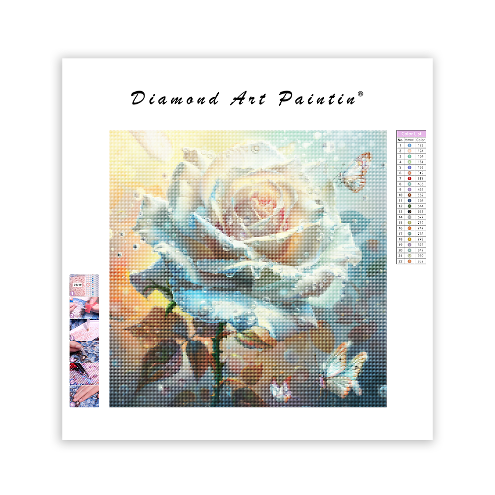 Crystal White Rose and Butterflies - Diamond Painting