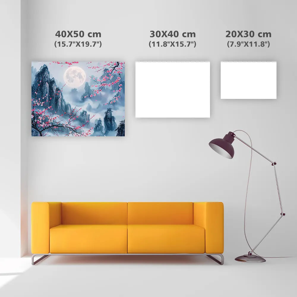 Cherry Blossom Moonlight Mountainscape - Diamond Painting