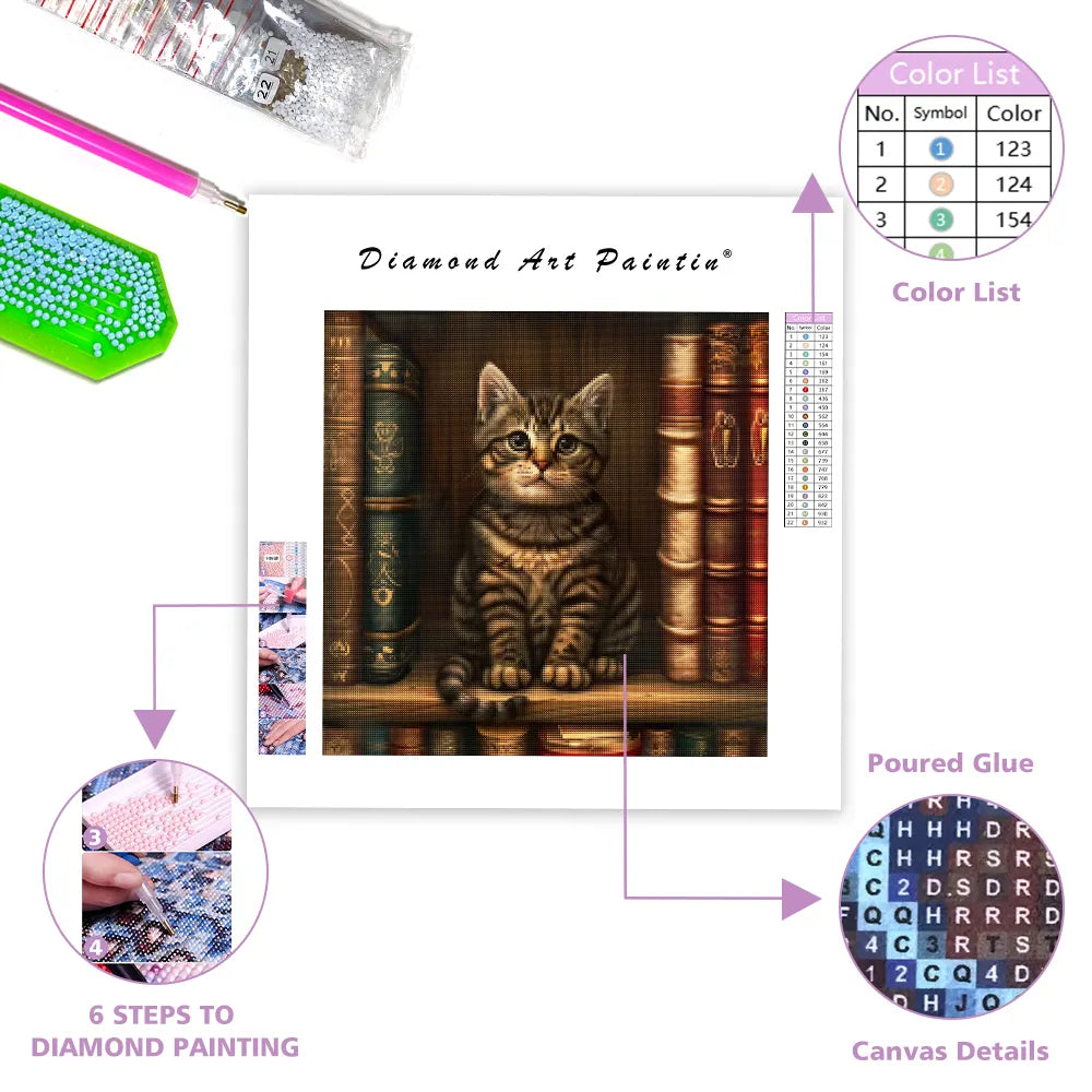 Cute Cat on Bookshelf - Diamond Painting