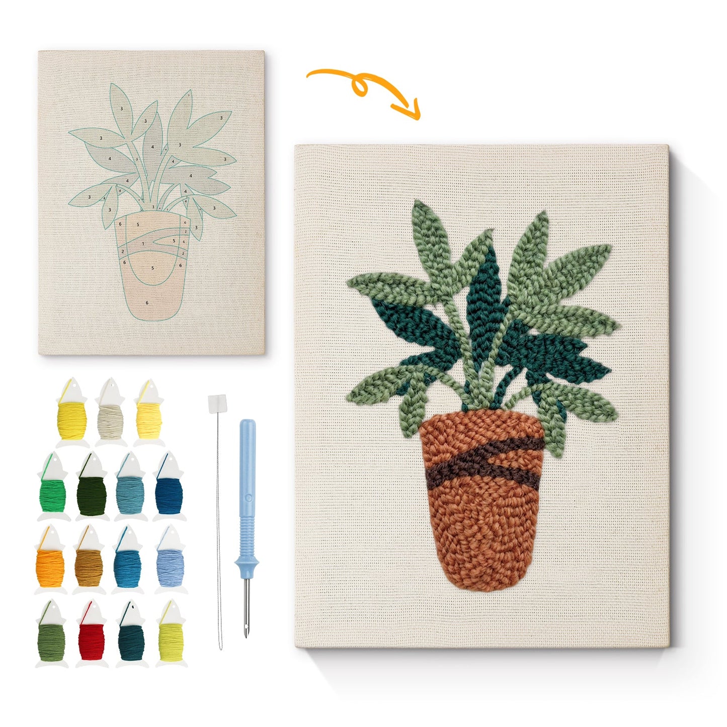 Lush Green Leaves in Pot - Punch Needle