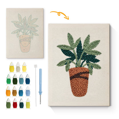 Lush Green Leaves in Pot - Punch Needle