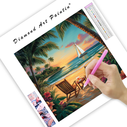 Tranquil Tropical Beach at Sunset - Diamond Painting
