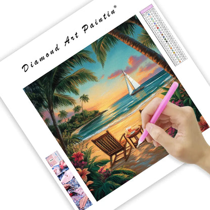 Tranquil Tropical Beach at Sunset - Diamond Painting
