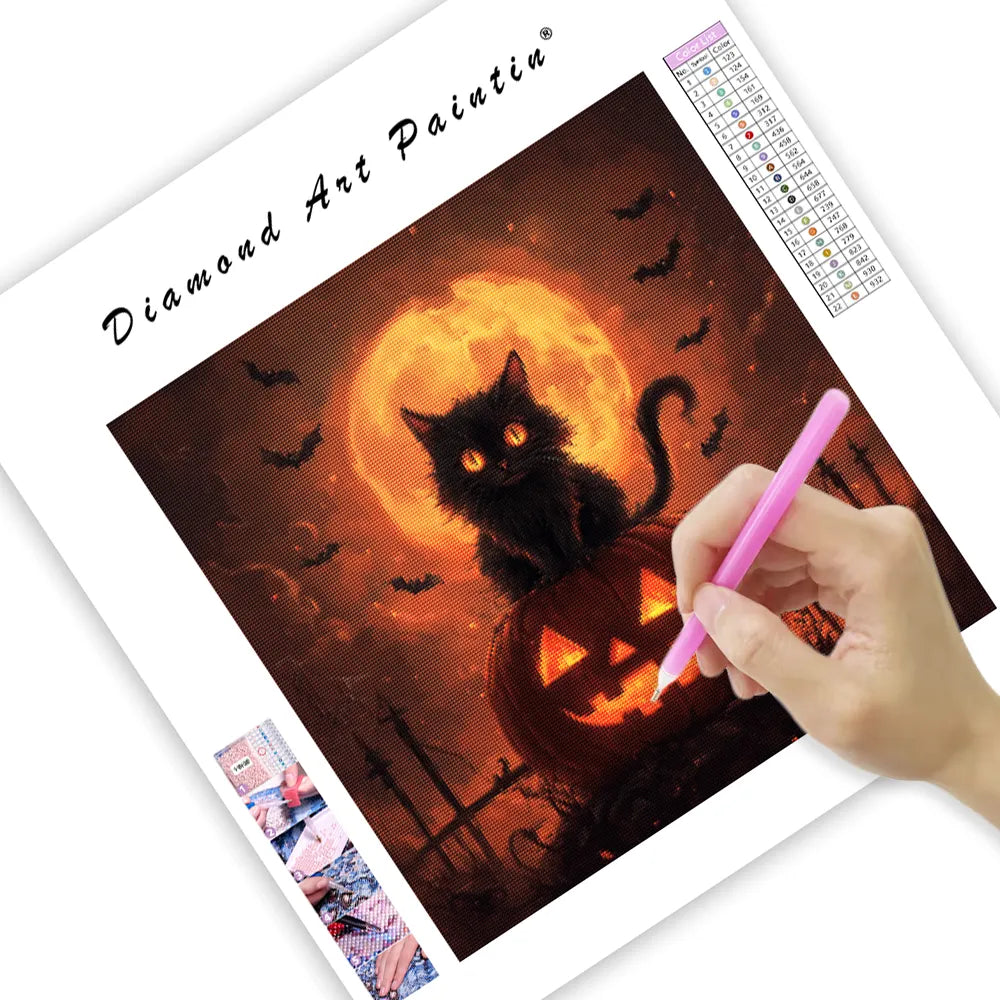 Halloween Cat on Pumpkin - Diamond Painting