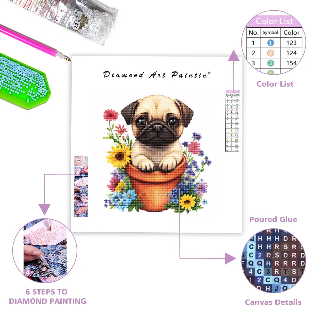 Pug in a Flower Pot - Diamond Painting