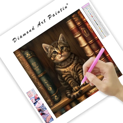 Cute Cat on Bookshelf - Diamond Painting