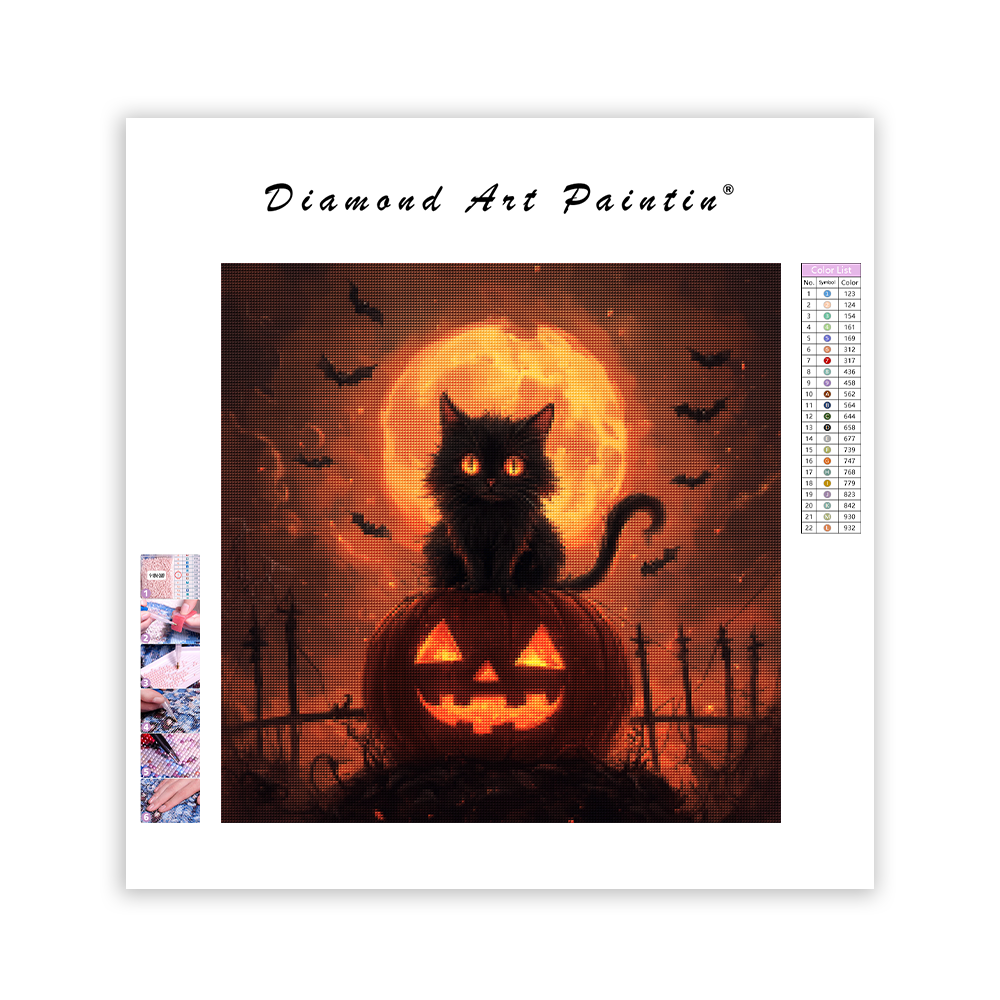 Halloween Cat on Pumpkin - Diamond Painting