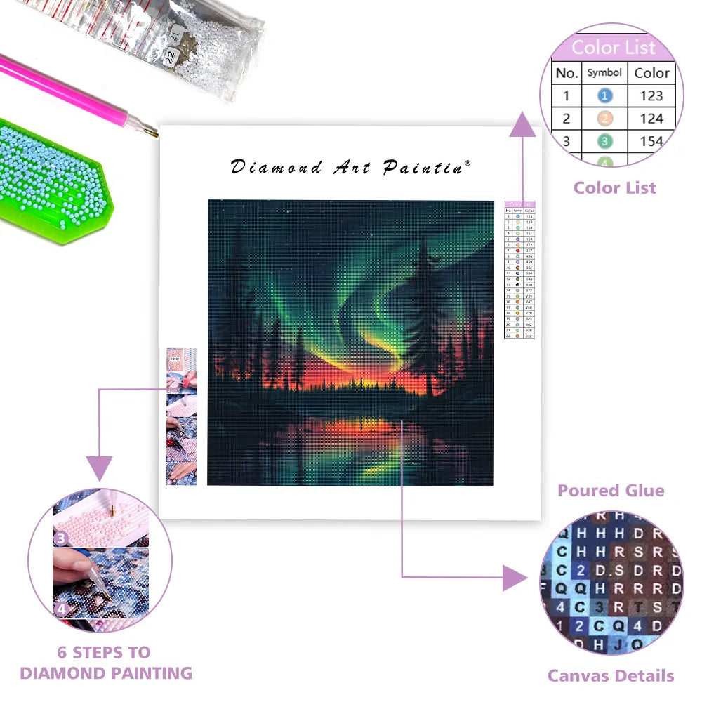 Northern Lights with Pine Trees - Diamond Painting