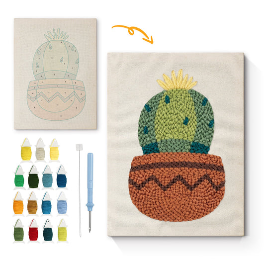 Cactus in Pot with Yellow Flowers - Punch Needle