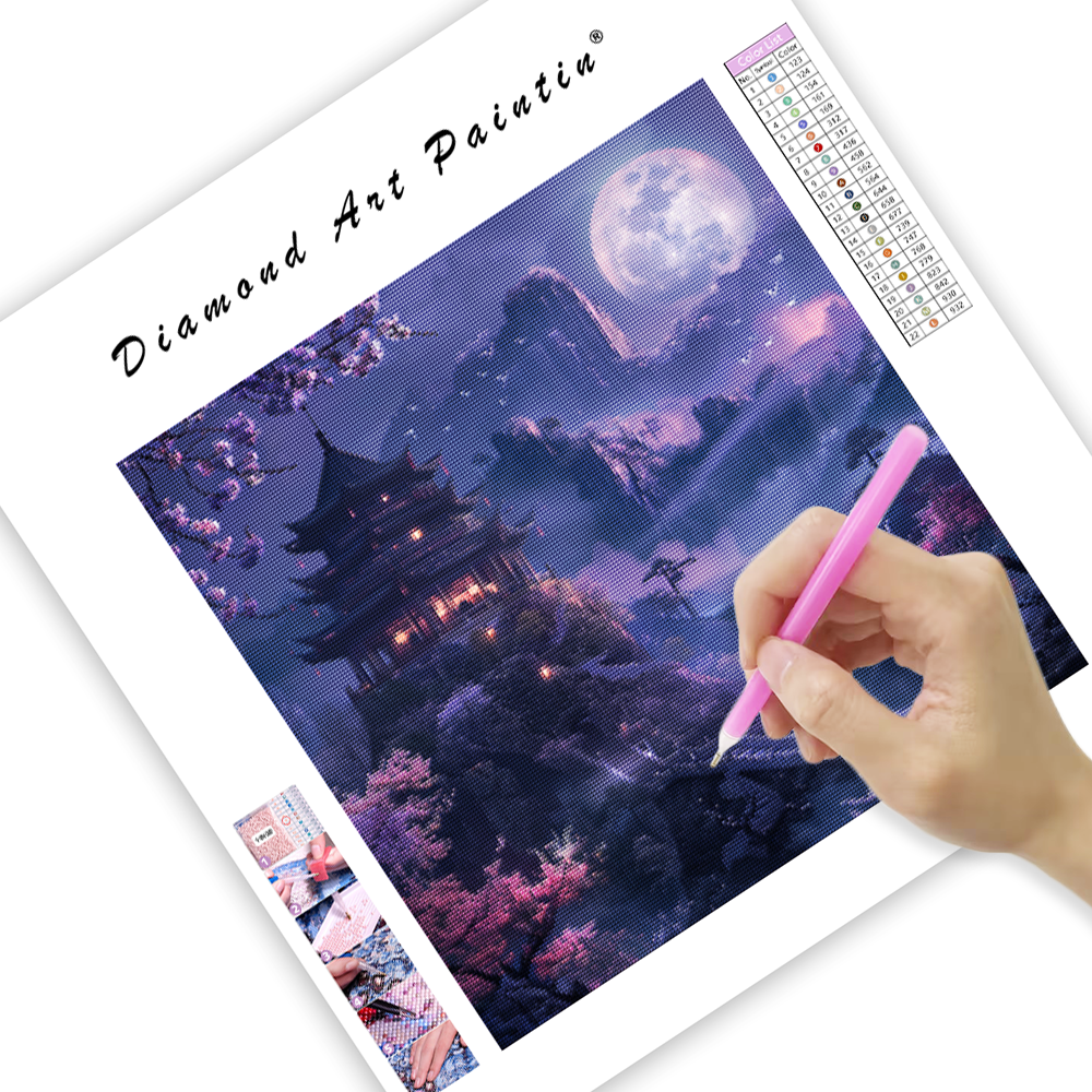 Purple Moonlit Pagoda Landscape - Diamond Painting