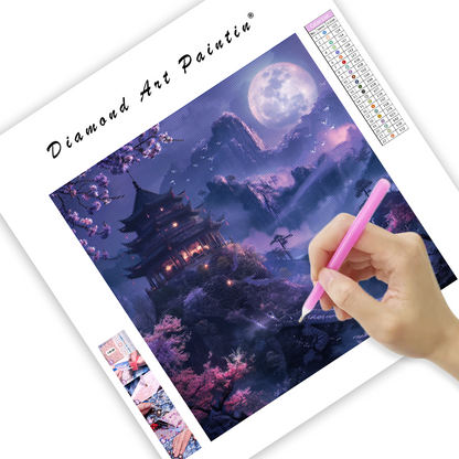 Purple Moonlit Pagoda Landscape - Diamond Painting