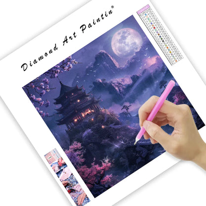 Purple Moonlit Pagoda Landscape - Diamond Painting