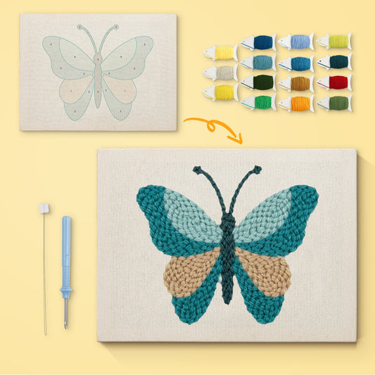 Teal & Beige Butterfly - Punch Needle