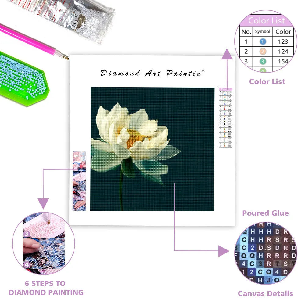 White Lotus on Green Background - Diamond Painting