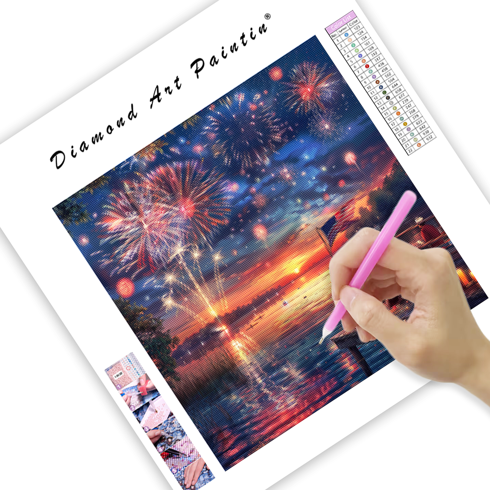 4th of July Fireworks Over Lake - Diamond Painting