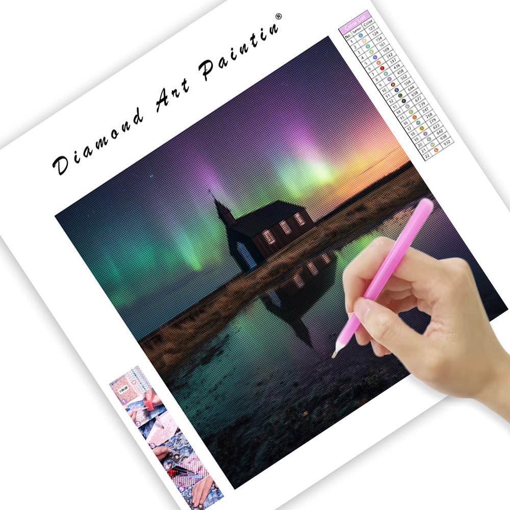 Icelandic Church under Aurora - Diamond Painting