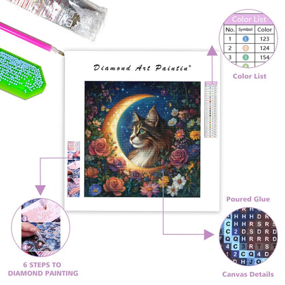 Cat in the Moon with Flowers - Diamond Painting