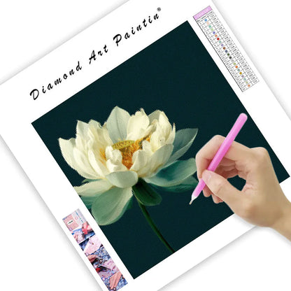 White Lotus on Green Background - Diamond Painting