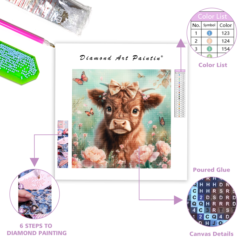 Adorable Highland Calf with Flowers - Diamond Painting