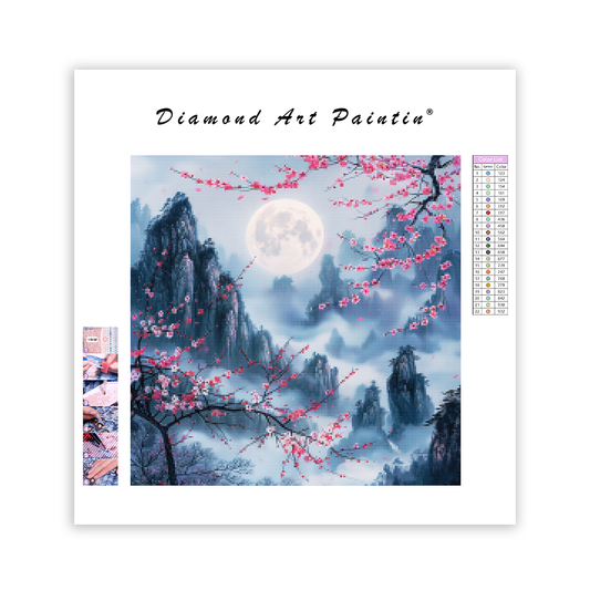 Cherry Blossom Moonlight Mountainscape - Diamond Painting