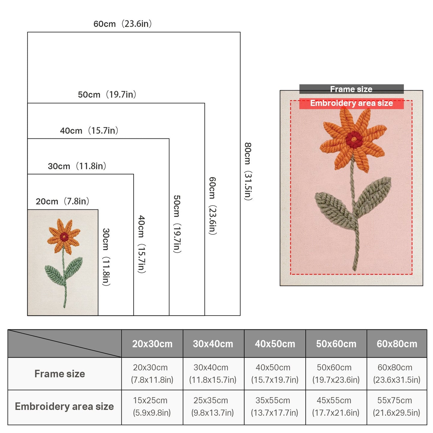 Orange Flower with Green Leaves - Punch Needle