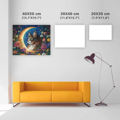 Cat in the Moon with Flowers - Diamond Painting