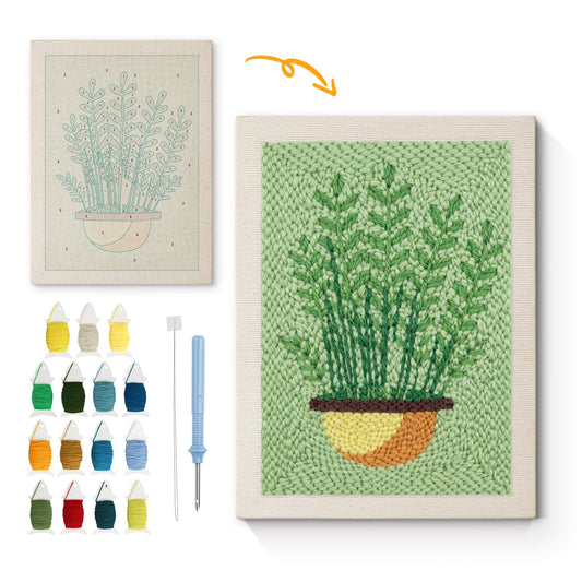 Green Plant in Yellow Pot - Punch Needle