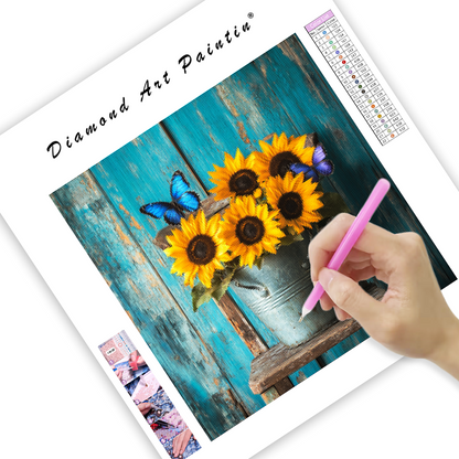 Sunflowers on a Wooden Chair - Diamond Painting